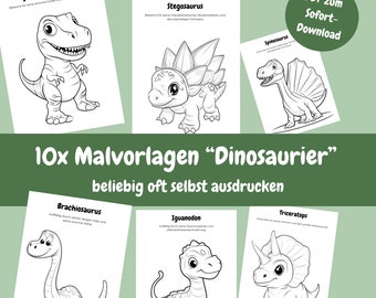 10 Dinosaur Coloring Pages, Creative Activity, Printable Dinosaurs, Dinosaur Activity for Kids, Children's Coloring Pages, Coloring Book
