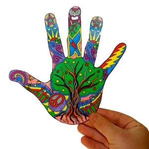 May include: A colorful handprint design with a tree in the center, surrounded by stars, musical notes, a peace sign, and other abstract designs. The handprint is outlined in black and filled with bright colors, including green, red, blue, yellow, and purple.