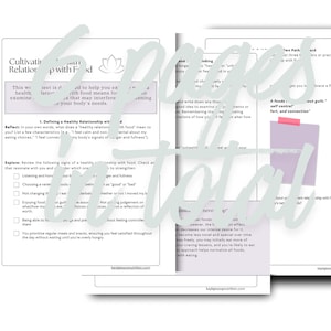 Puede incluir: Una pila de hojas de trabajo blancas con texto sobre el cultivo de una relación saludable con la comida. El texto incluye las palabras "Cultivando la relación con la comida" y "5 páginas en total". Las hojas de trabajo tienen un diseño minimalista.
