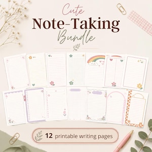 May include: A collection of 12 printable writing pages featuring various designs including lined, grid, and dotted layouts. The stationery includes pastel-colored borders, floral motifs, rainbows, and hearts with the text Cute Note-Taking Bundle.