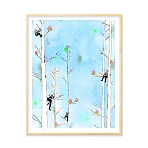 Whimsical Decor, Cupcakes, Burglars, Illustration Prints, Birch Trees Print, Living Room Art, Dorm Decor, Blue Art, Woodland Nursery, 11x14
