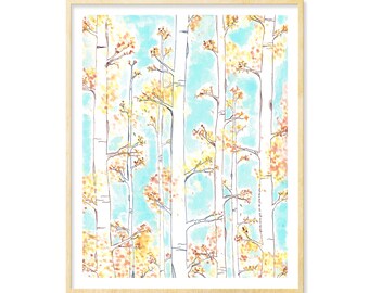 Birch Forest Print | Trees, Landscape Watercolor Illustration, Woodland Decor, 11x14