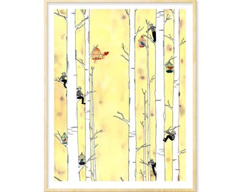 Whimsical Art Print | Yellow Art, Absurdism, Bird Lover, Fantasy, Quirky, Burglars, 11x14 print