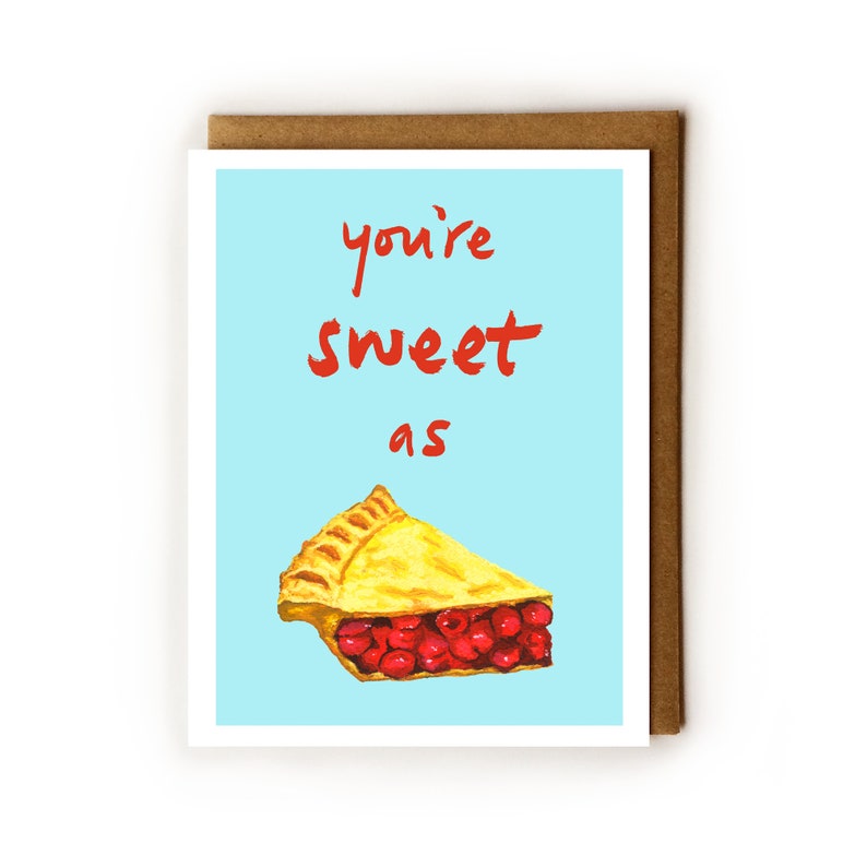 Cute Birthday Card Cherry Pie Lover, Adorable Art, Boyfriend, Girlfriend, Choice of blue or pink image 2