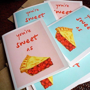 Cute Birthday Card Cherry Pie Lover, Adorable Art, Boyfriend, Girlfriend, Choice of blue or pink image 1
