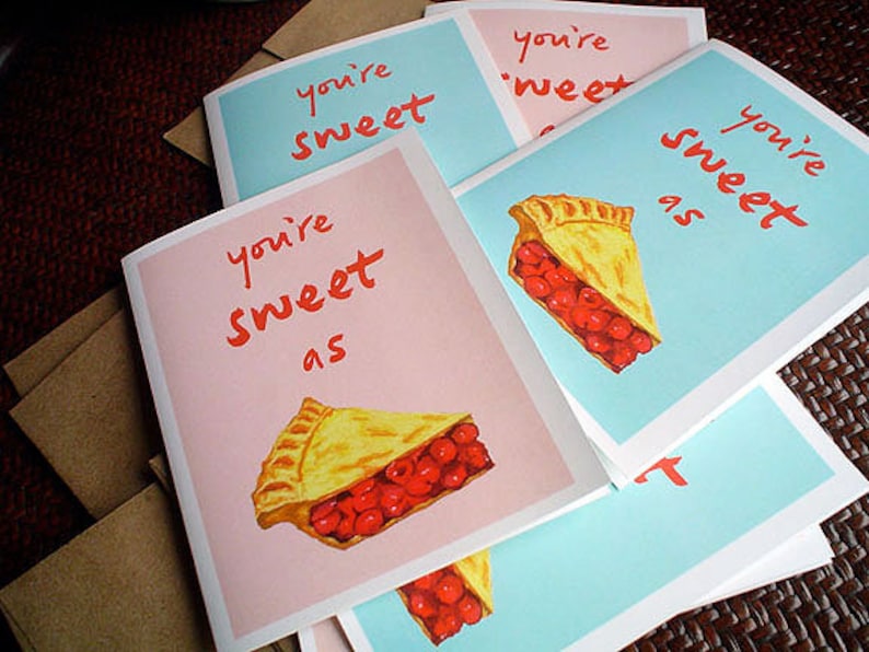 Cute Birthday Card Cherry Pie Lover, Adorable Art, Boyfriend, Girlfriend, Choice of blue or pink image 1