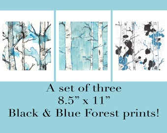 Birch Tree Prints | Set of 3 Nature Illustration Prints, Scandinavian Trees Art, Black blue and White Art, 8.5x11