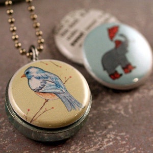 Picture Locket, Unique Teen Gifts, Recycled Jewelry, Polarity Locket, 3 in 1 Necklace, Bird Jewelry, Elephant, Industrial Metal, Wish Locket