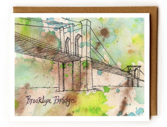 Brooklyn Bridge Art Card: NYC Souvenir, Abstract Watercolor