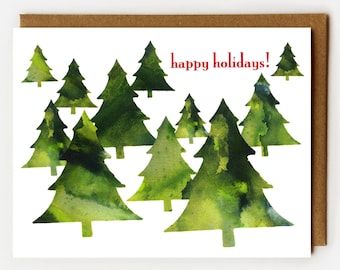 Happy Holidays Card, Atheist Christmas Card, Christmas Trees, Non Religious Winter Holidays, Xmas Card, Minimalist Holiday,Red and Green