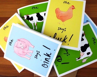 Farm Animal Boxed Greeting Card Set - 6 Cute Cow, Pig, Chicken Note Cards