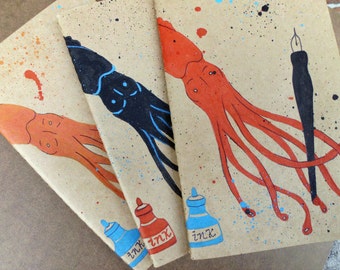 Writing Journal, Gift for Writer, Hand Painted Squid Moleskine