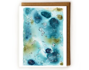 Magical Birthday Card | Aquatic, Cute Art Card, Fish, Ocean Lover, Blue Art Card