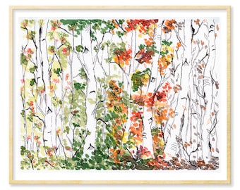 Birch Tree Art Print: Four Seasons Forest Illustration