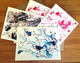 Cherry Blossom Blank Cards - Boxed Set of 6 - Watercolor Note Cards