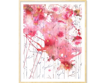 Birch Trees Illustration Print, Pen and ink and Watercolor, 11x14, Pink Gift