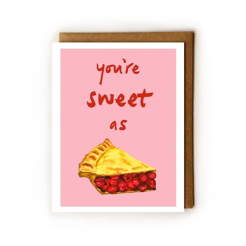 Cute Birthday Card Cherry Pie Lover, Adorable Art, Boyfriend, Girlfriend, Choice of blue or pink image 3