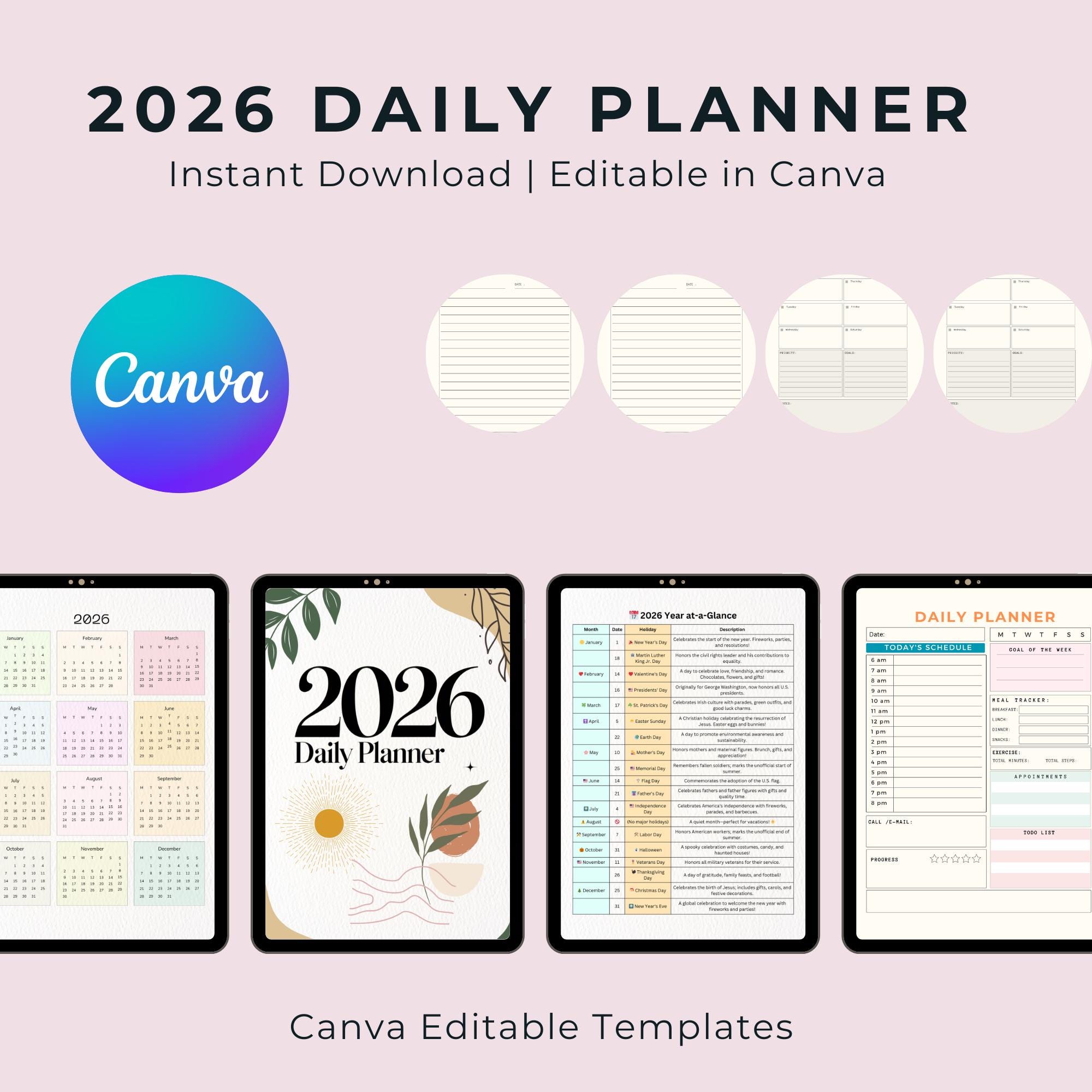 2026 Daily Planner | Printable & Editable Canva Template | Minimalist ...