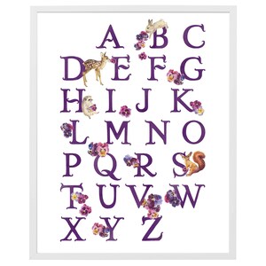 ABC Alphabet Woodland Animals Nursery Art Print For Girls Bedroom With Pink and Purple Viola Flowers, Squirrel, Bunny, Deer and Hedgehog