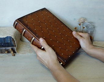 Brown Red Leather Journal with Gold Decoration, Antiqued leather notebook - Sienna Sunset