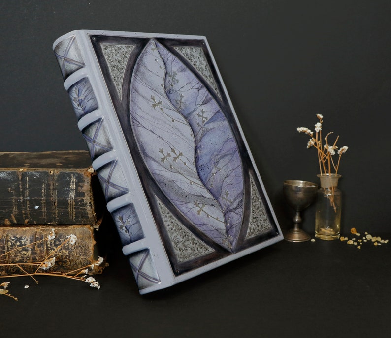 Purple leather journal with silver tooled and painted decoration. Silver Leaf image 4