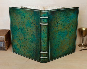 Green Leather Journal with hand painted decoration, One of a kind - A Garden in Bloom