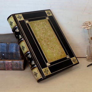 May include: A decorative, antique-style book with a black cover and a central panel in a speckled, olive-green color. The spine and edges feature ornate gold detailing. Another antique book is visible in the background.