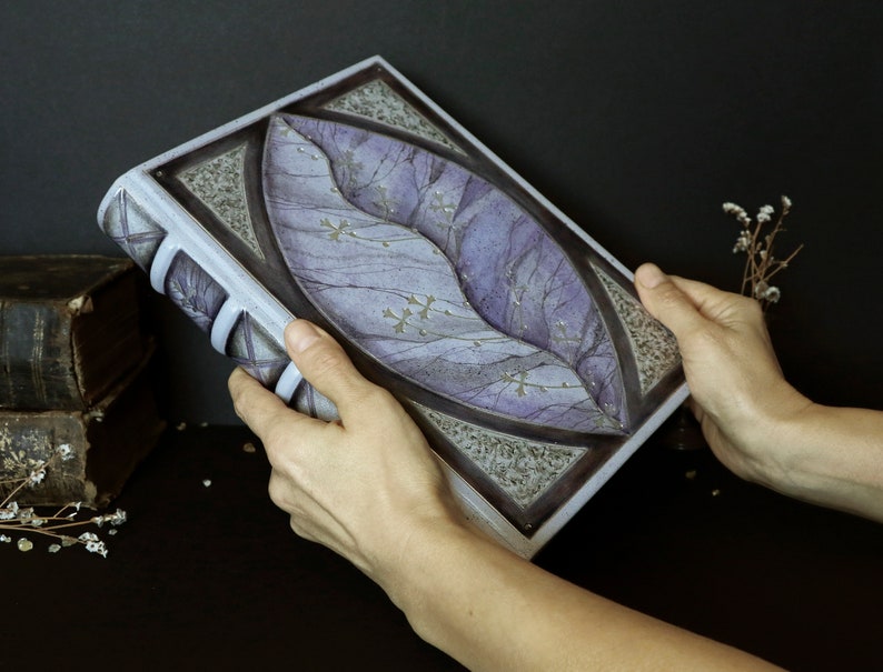 Purple leather journal with silver tooled and painted decoration. Silver Leaf image 5