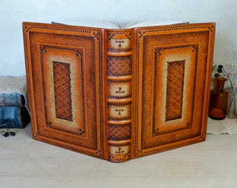 Orange and Brown Leather Journal with hand tooled decoration - Copper Shine