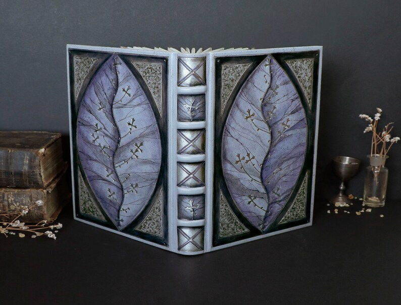 Purple leather journal with silver tooled and painted decoration. Silver Leaf image 1