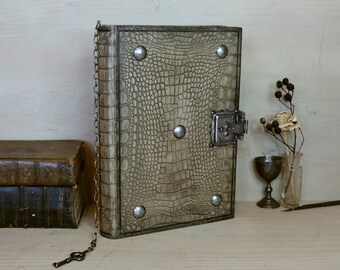 Journal with Lock and Key, Antique Crocodile Textured Leather - "The Collector"