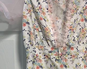 Handmade Floral Cotton Dress with Tulle Sleeves - Size 8-10