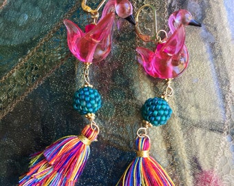 Pink Swan Earrings - Rainbow Tassels - Gold Filled - Handmade Earrings - Artisan Jewelry
