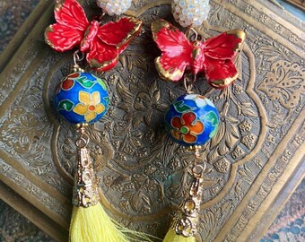 Butterfly Earrings - Yellow Tassels - Gold Filled - Handmade Earrings - Artisan Jewelry