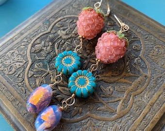 Raspberry Earrings - Opal Glass Earrings - Lampwork Glass - Gold Filled - Handmade Earrings