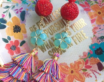 Pomegranate Earrings - Rainbow Tassels - Gold Filled - Handmade Earrings - Artisan Jewelry