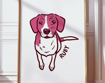 以下が含まれることがあります： ルビーという名前の犬の漫画イラストが描かれた、額入りのアートプリント。 犬はピンクと白で描かれ、「RUBY」という名前が黒い筆記体で書かれています。 アートワークは白い背景に設定されています。
