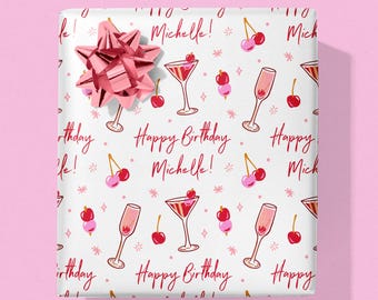 Custom Birthday Wrapping Paper Roll Cherry Birthday Party Decor 21st Birthday Wrapping Paper Personalized Gift Wrap Cherries Art Pink