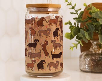 Dachshund Lover Gift Glass Tumbler with Straw and Lid Unique Glassware Gift Ice Coffee Glass Gift for Dog Lovers Pet Owner Gift Sausage Dog