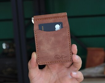 Cartera de cuero hecha a mano, práctico tarjetero plegable, tarjetero delgado personalizado hecho a mano, billetera minimalista con clip para billetes para hombre.