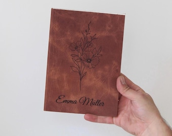 Custom Leather Journal with Birth Month Flower & Name | Personalized Notebook Gift