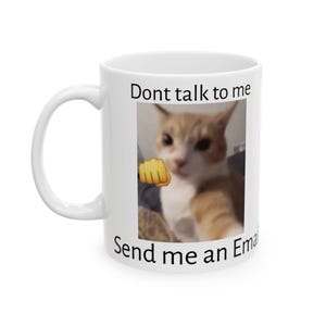 May include: White ceramic mug with a cat image and the text "Dont talk to me Send me an Email".