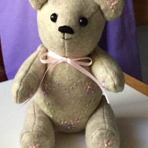 Handmade Teddy Bear with Floral Embroidery, Boho Tan Felt Stuffed Animal, Heirloom Keepsake Gift