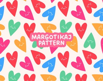 May include: A seamless pattern featuring colorful hearts with smiling faces. The hearts are in various shades of red, pink, orange, yellow, green, blue, and purple. The text "Margotikaj Pattern" is written in a pink box in the center of the image.