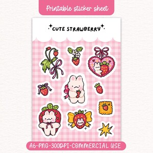 Printable Strawberry Sticker Sheet: Kawaii Bunny A6 PNG Sticker Pack