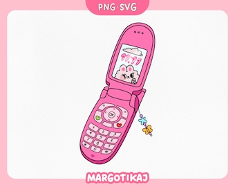 Puede incluir: Un teléfono móvil rosa con tapa que tiene un conejito de dibujos animados en la pantalla. El teléfono tiene un teclado numérico y un pequeño amuleto adjunto.