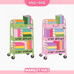 Bookish TBR Cart Sticker: Funny Reading Clipart (SVG, PNG)