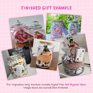 May include: Five glass jars filled with rolled up pieces of paper. Each jar has a different ribbon and label. The labels say "The Lord God", "Happy", "50 Reasons Why", "Ich liebe dich", and "50 Reasons Why".