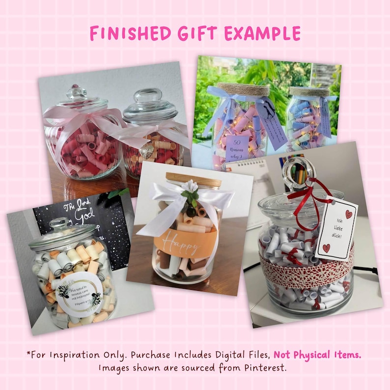 May include: Five glass jars filled with rolled up pieces of paper. Each jar has a different ribbon and label. The labels say "The Lord God", "Happy", "50 Reasons Why", "Ich liebe dich", and "50 Reasons Why".