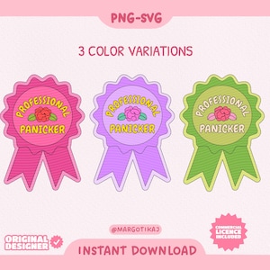 Könnte beinhalten: Drei Variationen eines rosa, lila und grünen Bandes mit gelber und schwarzer Umrandung. Das Band hat eine Blume und den Text "Professional Panicker" in der Mitte.